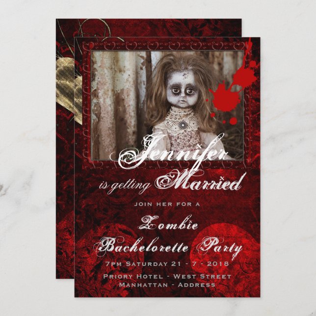 ZOMBIE BRIDE DOLL Bachelorette Party Halloween Invitation (Front/Back)