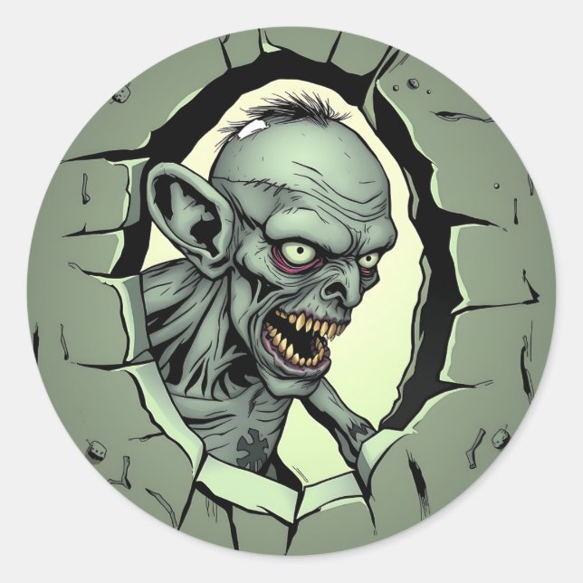 Zombie busting out of the Wall Halloween Classic Round Sticker (Front)