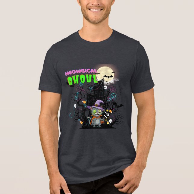 Zombie Cat "Meowgical Ghoul" Halloween Graphic Tri-Blend Shirt (Front)