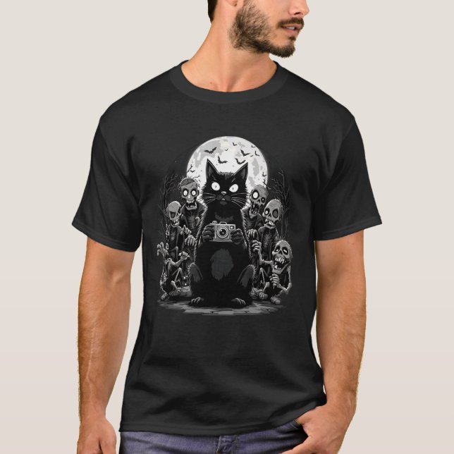 Zombie Cat Selfie Ghoul Friends Spooky Halloween P T-Shirt (Front)