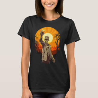 Zombie Celebrating Happy Halloween Moon Sunset T-Shirt