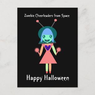 Zombie Cheerleader from Space Happy Halloween Postcard