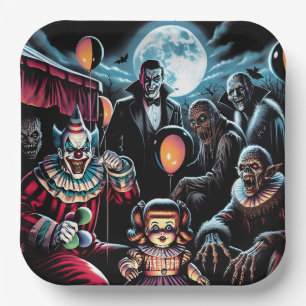 Zombie, Clown, Vamp and Haunted Doll Halloween Paper Plate