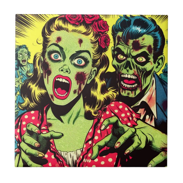 Zombie Couple Retro Comics Ceramic Tile (Front)