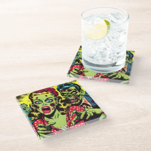 Zombie Couple Retro Comics Glass Coaster