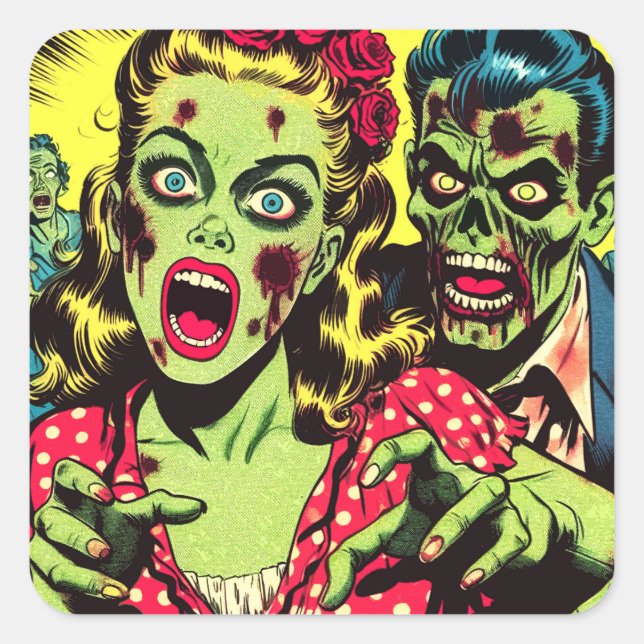 Zombie Couple Retro Comics Square Sticker (Front)