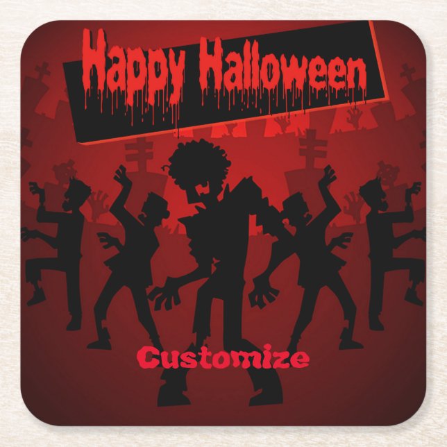 Zombie Dance Party Happy Halloween Square Paper Coaster (Front)