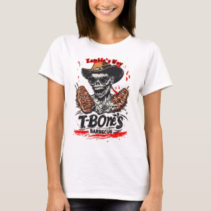 Zombie eating a T-Bone Steak on a White T-Shirt