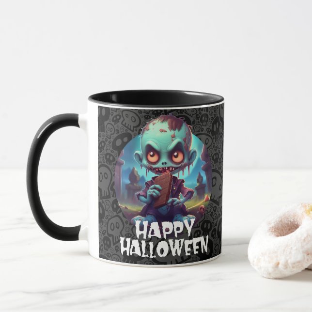 Zombie Eating Chocolate Happy Halloween Mug (With Donut)