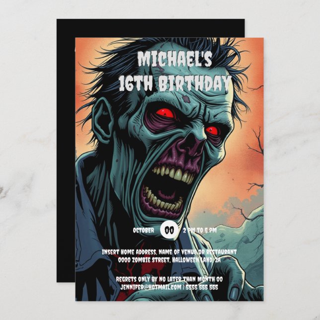 Zombie face comic art monster spooky adults invitation (Front/Back)