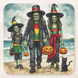 Zombie Family Beach Halloween Plate Square Paper Coaster