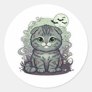 Zombie Fold – Cute Scottish Fold Cat Halloween Classic Round Sticker