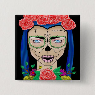 Zombie girl illustration with a crown of roses 15 cm square badge