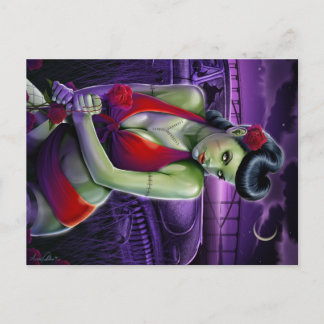 zombie girl love with rose and vintage car postcard