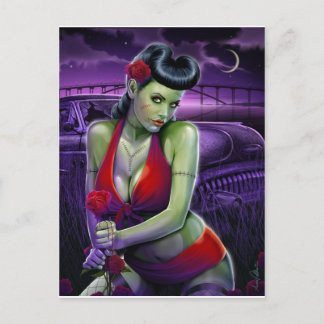 zombie girl love with rose vintage car postcard