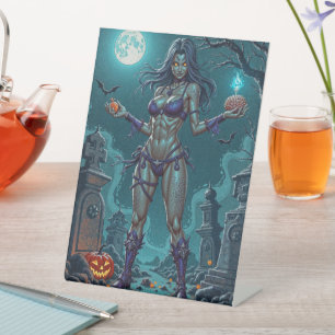 Zombie Girl Offers Halloween Treat or Brains Pedestal Sign
