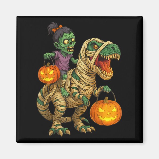 Zombie Girl Riding Mummy T Rex Halloween Kids Tric Magnet (Front)