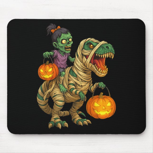 Zombie Girl Riding Mummy T Rex Halloween Kids Tric Mouse Pad (Front)