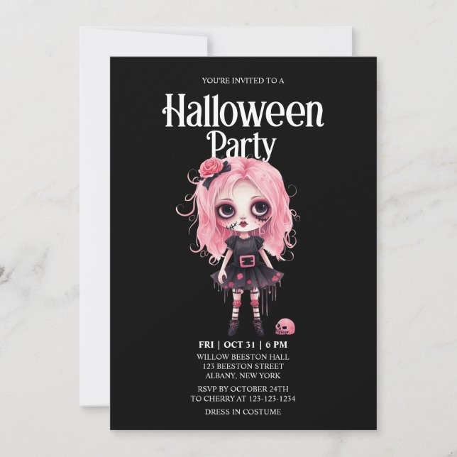 Zombie Girl Skull Pink Horror Halloween Party Invitation (Front)