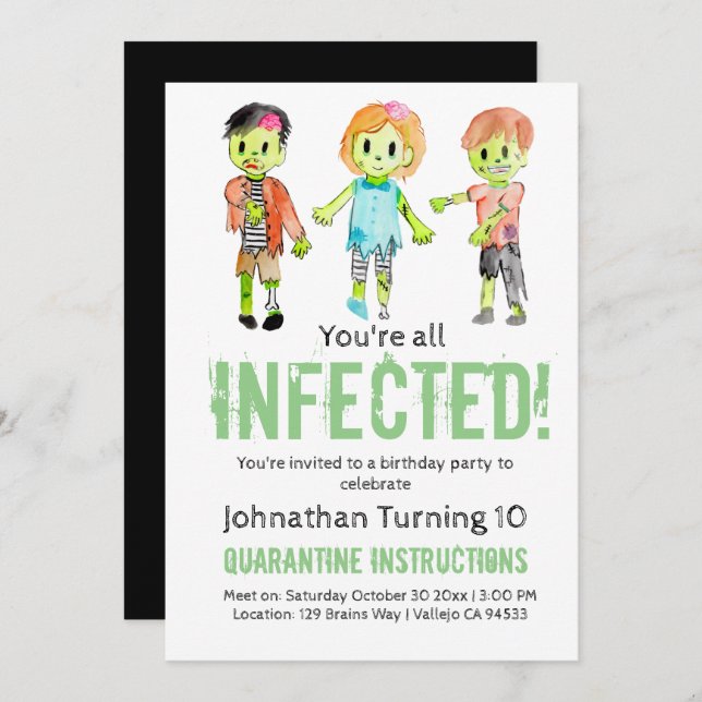 Zombie Halloween kid birthday party invitation (Front/Back)