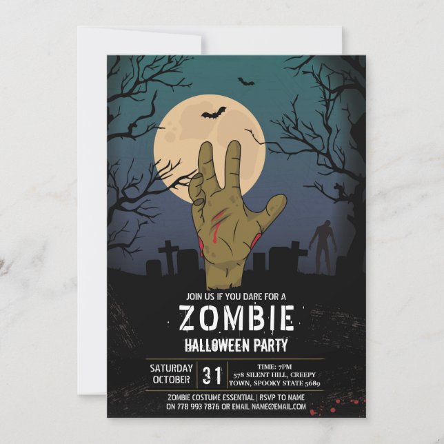 Zombie Halloween Party Apocalypse Graveyard Hand Invitation (Front)