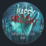 Zombie Happy Birthday Party Classic Round Sticker<br><div class="desc">Zombie Happy Birthday Party Stickers. Matching invitations available.</div>