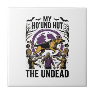 Zombie Hunter Dog Halloween Vintage Engraving Shir Ceramic Tile