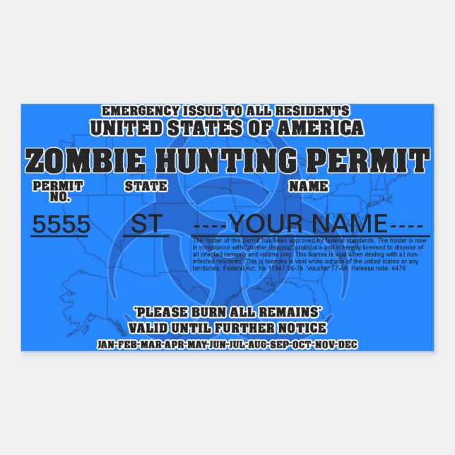 Zombie Hunting Permit (Blue) Rectangular Sticker (Front)
