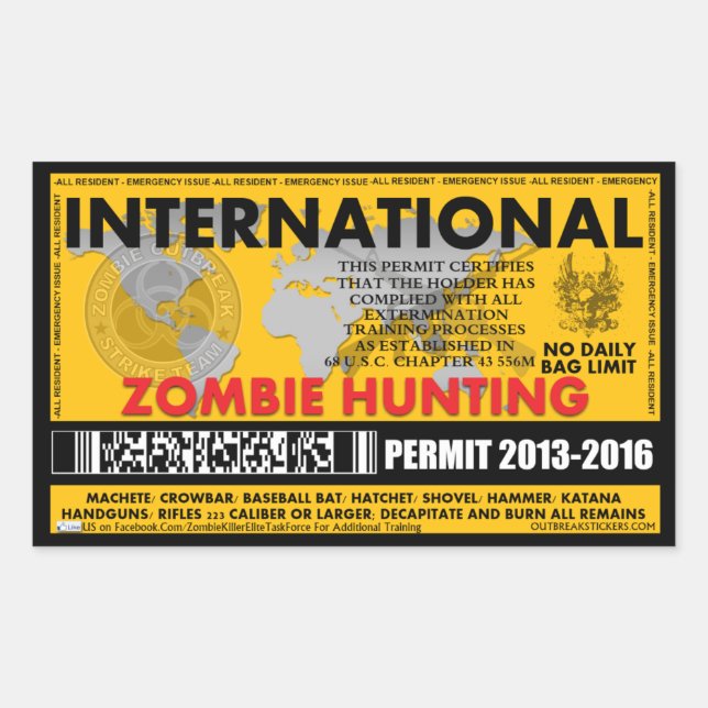 Zombie Hunting Permit International Rectangular Sticker (Front)