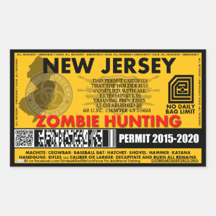 Zombie Hunting Permit New Jersey Rectangular Sticker