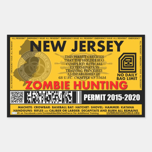Zombie Hunting Permit New Jersey Rectangular Sticker (Front)