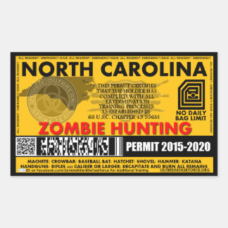 Zombie Hunting Permit North Carolina Rectangular Sticker