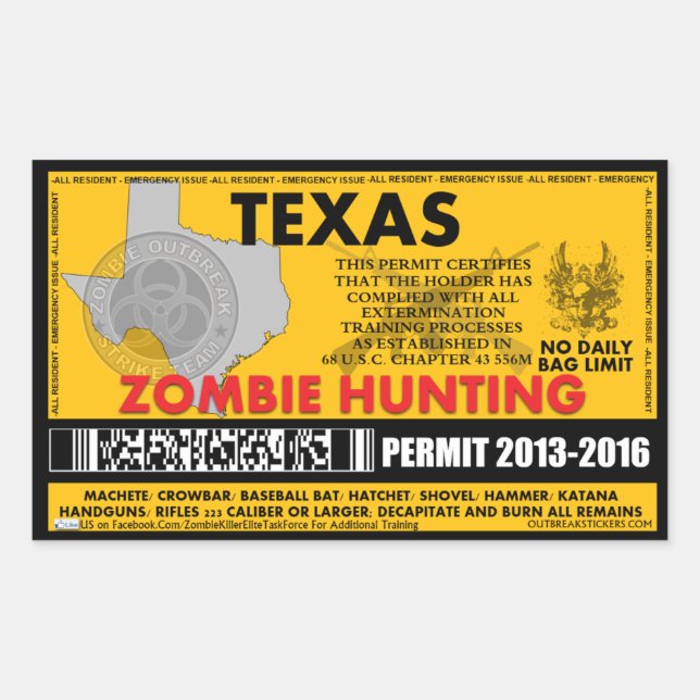 Zombie Hunting Permit Texas Rectangular Sticker (Front)