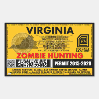 Zombie Hunting Permit Virginia Rectangular Sticker