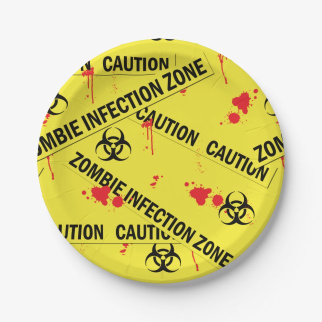 Zombie Infection Zone Caution Tape Blood Stained Paper Plate (Front)
