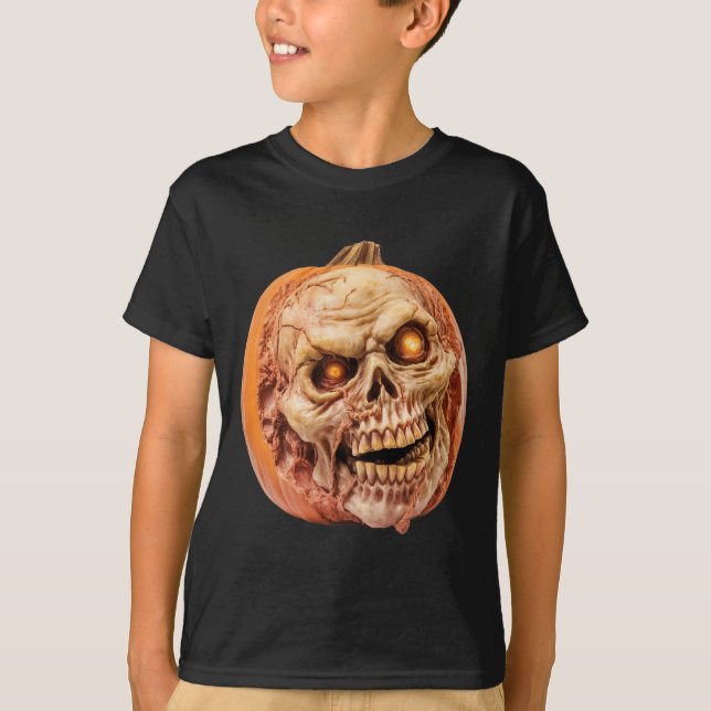 Zombie-Inspired Horror Pumpkin Funny Halloween  T-Shirt (Front)