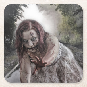 Zombie on the Tracks Square Paper Coaster
