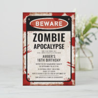 Zombie party with BEWARE sign and blood stains