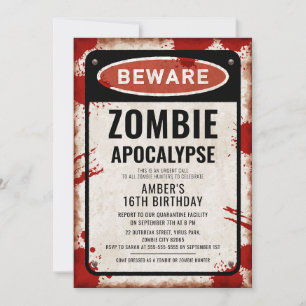 Zombie party with BEWARE sign and blood stains Invitation