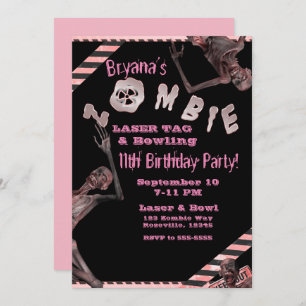 Zombie Pink & Black Girls Birthday Party Inviation Invitation