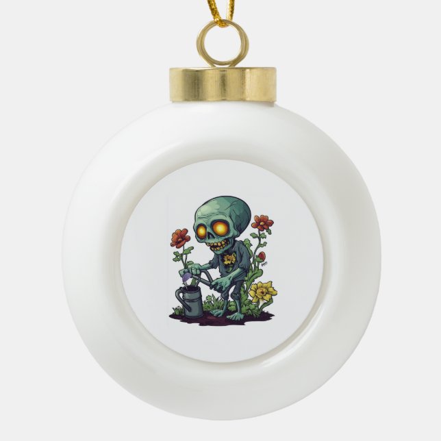 Zombie Plant Parent Ceramic Ball Christmas Ornament (Front)