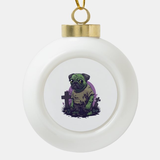 Zombie Pug � Undead Funny Halloween Dog Ceramic Ball Christmas Ornament (Front)