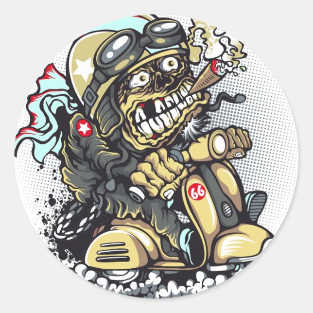 Zombie riding motor scooter illustration, T-shirt  Classic Round Sticker (Front)