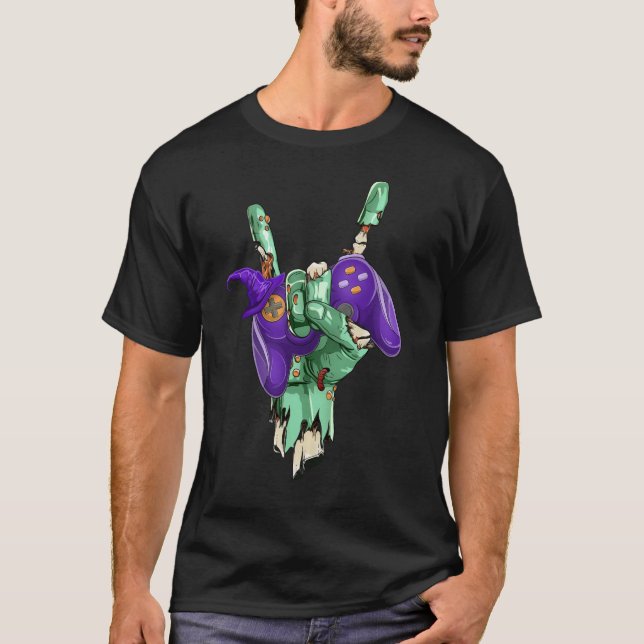 Zombie Rock Hand Holding Witch Gaming Controller T-Shirt (Front)
