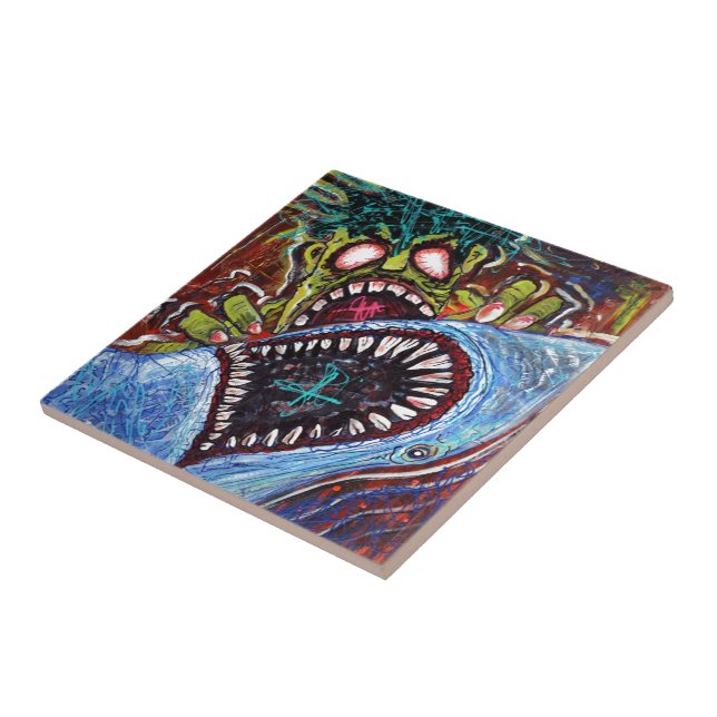 Zombie Shark Fight Ceramic Tile (Side)