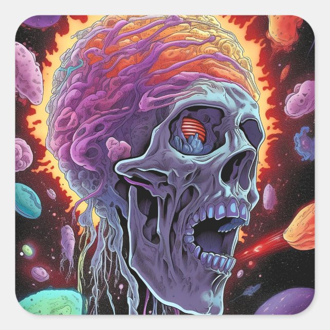 Zombie Skull Creature Sci-fi Horror Art Square Sticker (Front)