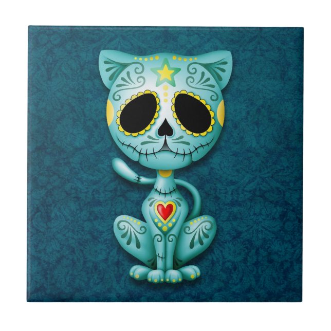 Zombie Sugar Kitten, blue Ceramic Tile (Front)