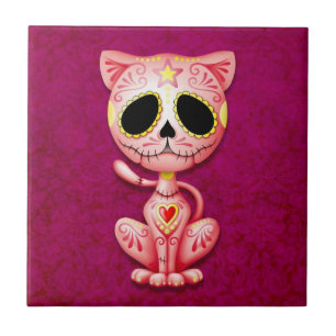 Zombie Sugar Kitten, pink Ceramic Tile