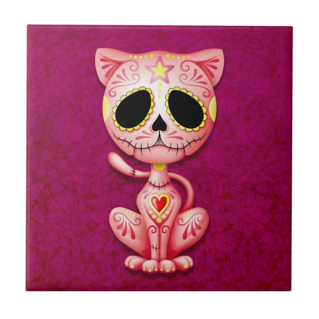 Zombie Sugar Kitten, pink Ceramic Tile (Front)