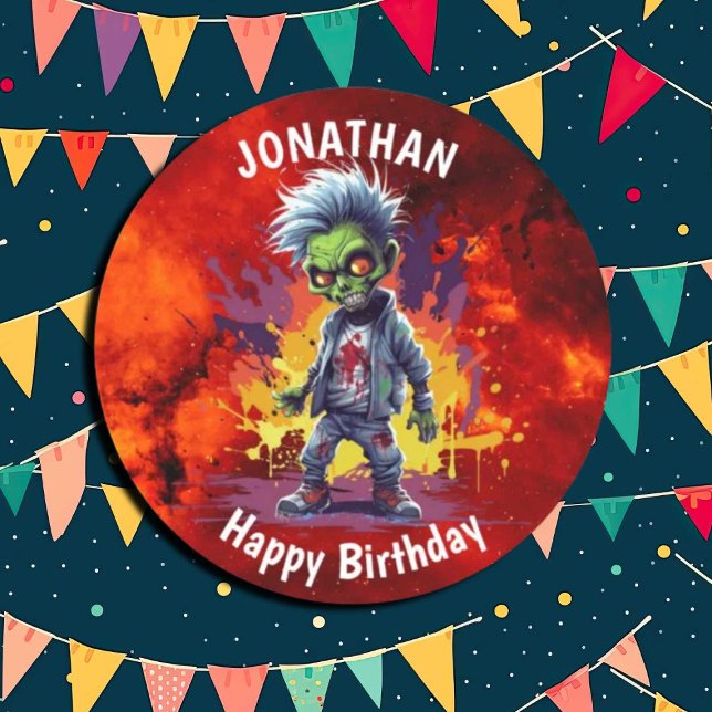 zombie-themed boy birhday round paper coaster (Zombie Walkers,  Your birthday party won't be complete without an array of gruesome zombie props! )